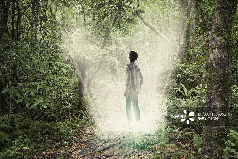 混血男孩站在森林入口图片素材