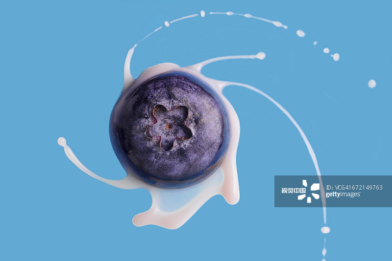 蓝莓在牛奶中旋转的特写镜头图片素材