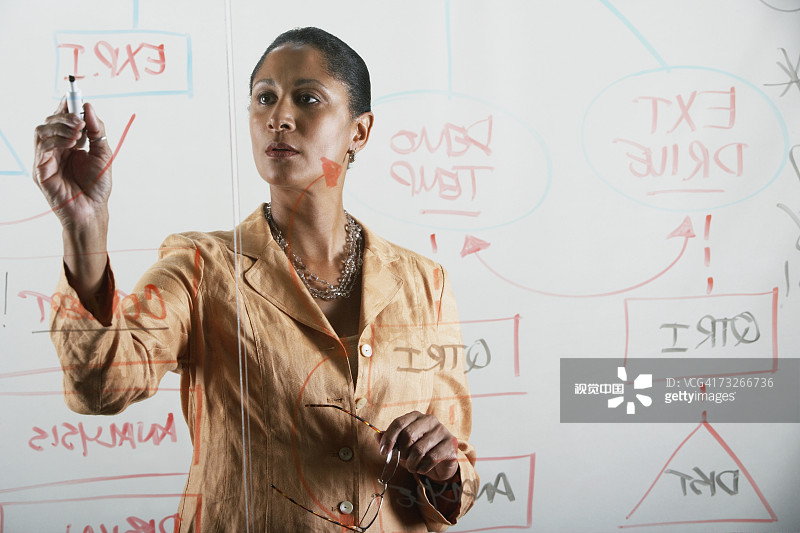 在流程图上书写的非洲女商人图片素材