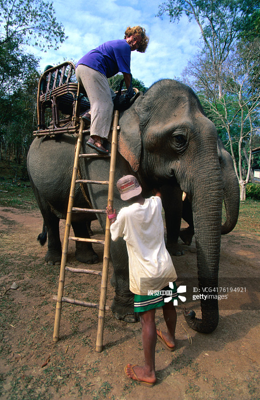 在老挝占巴塞博拉万高原，游客骑着大象图片素材