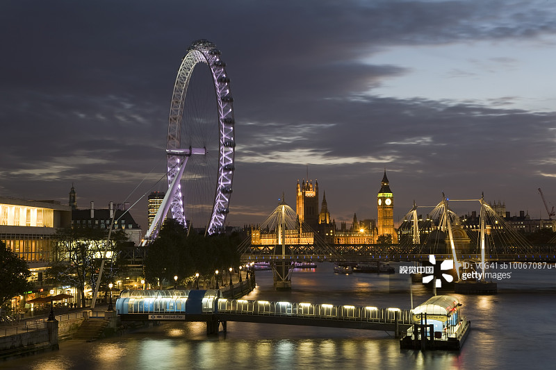 英国英格兰伦敦天际线和伦敦眼夜景图片素材
